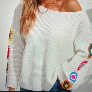 Women's Off-Shoulder Sweater with Colorful Crochet Accents